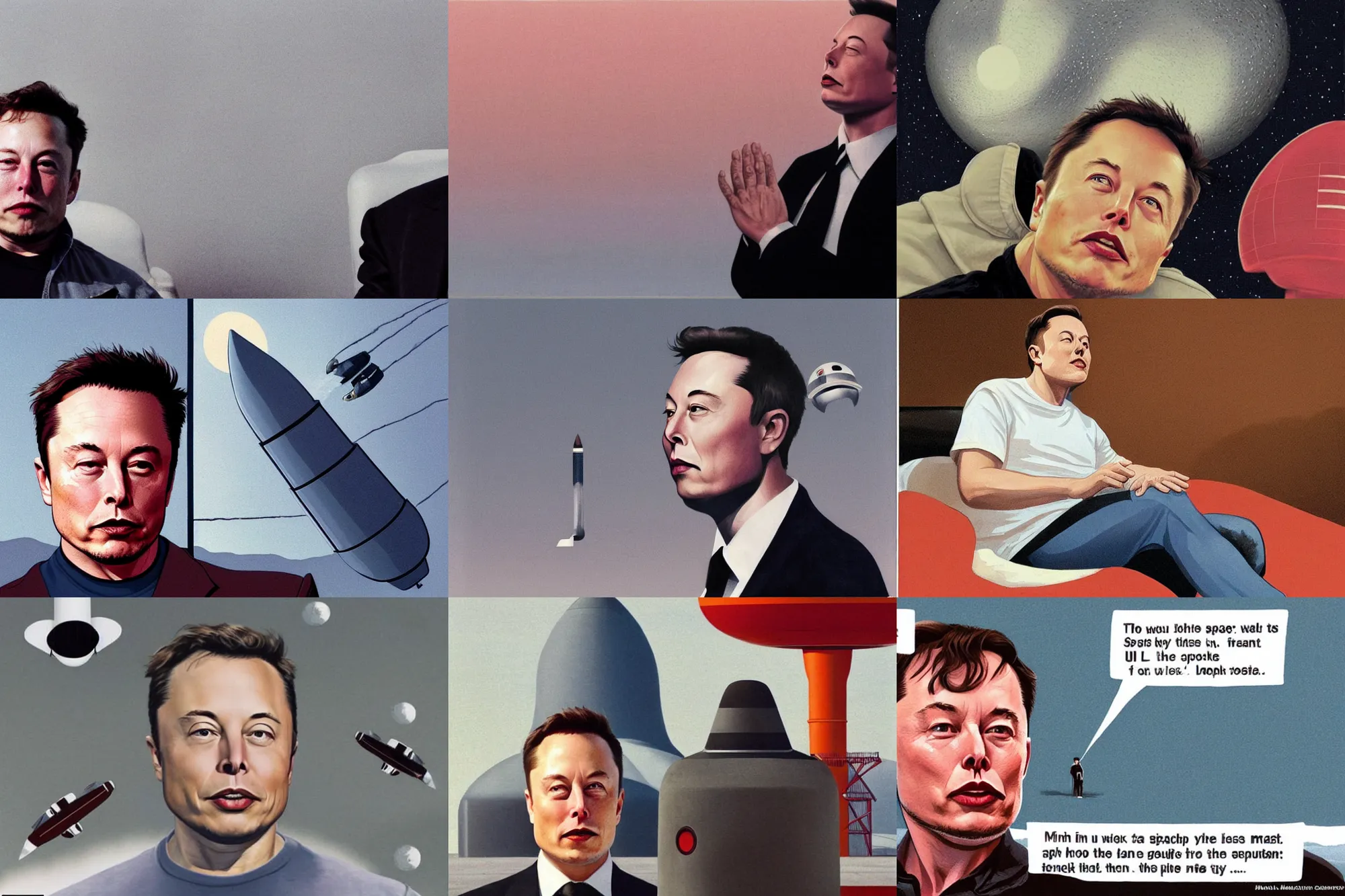 Prompt: Elon Musk with closed eyes thinking about launching space ships, retro rockets, Quint Buchholz
