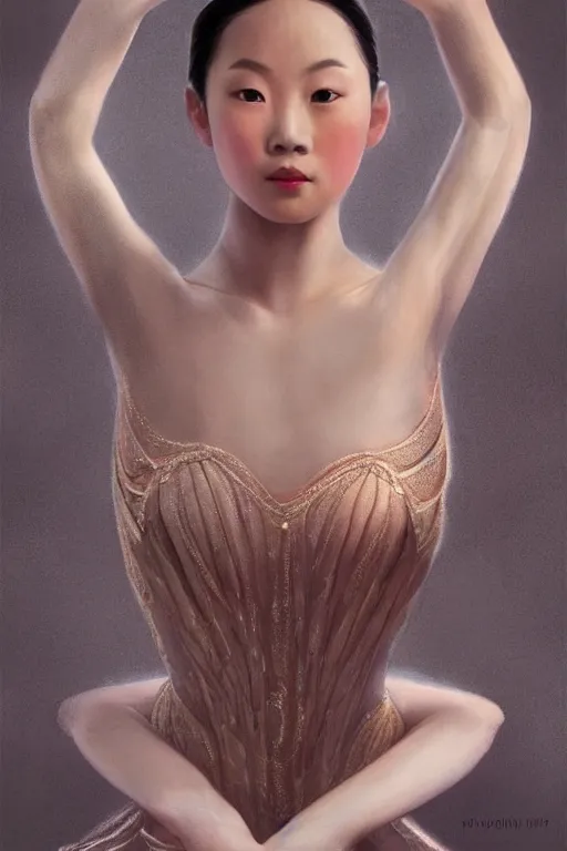 Image similar to hyperrealistic photography of a highly detailed and symmetrical gorgeous asian female ballerina in the style of vargas and wlop, highly detailed, face symmetry, highly realistic hands, masterpiece, award - winning, sharp focus, intricate concept art, ambient lighting, 8 k, artstation