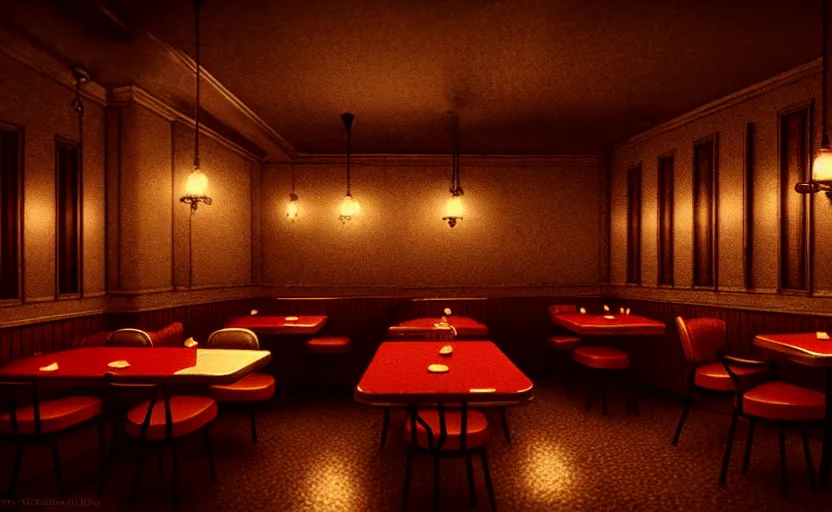 Prompt: diner, horror scene, dim lighting, eerie atmosphere, 1950-s, intricate, detailed, photorealistic imagery, artstation