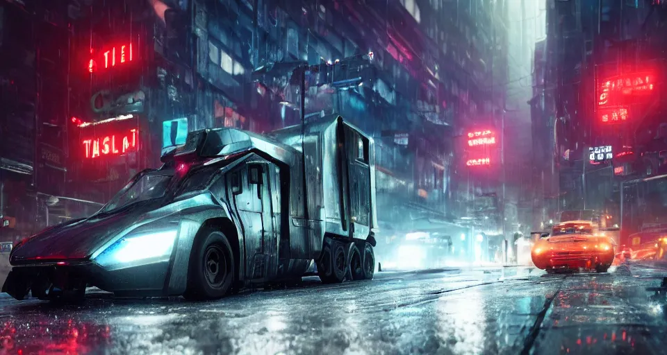 Image similar to closeup photo of combat tesla cybertruck driving on wet dystopian cyberpunk city streets at night, mad max, action, speed, volumetric lighting, hdr, gta 5, makoto shinkai, syd mead, craig mullins, cinematic, fast and furious, octane, 8 k, iso 1 0 0, 1 2 mm