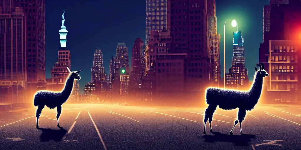 Image similar to a llama walking through a desolate manhattan city street at night, statue of liberty seen in the background, realistic 4 k octane beautifully detailed render, 4 k post - processing, highly detailed, detailed face, intricate complexity, epic composition, magical atmosphere, cinematic lighting, masterpiece, color picture, ultra hd