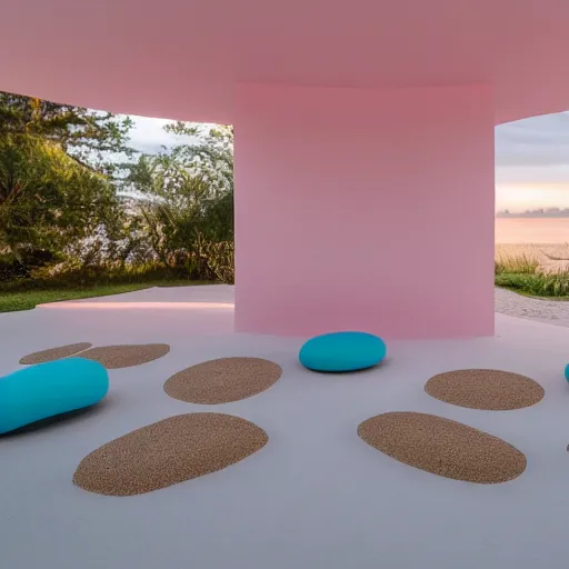 Prompt: An ultra high definition, professional photograph of an outdoor partial IKEA showroom inspired sculpture located on a pastel pink beach ((with pastel pink, dimpled sand where every item is pastel pink. The sun can be seen rising through a window in the showroom.)) The showroom unit is outdoors and the floor is made of dimpled sand. Morning time indirect lighting with on location production lighting on the showroom. In the style of wallpaper magazine, Wes Anderson.