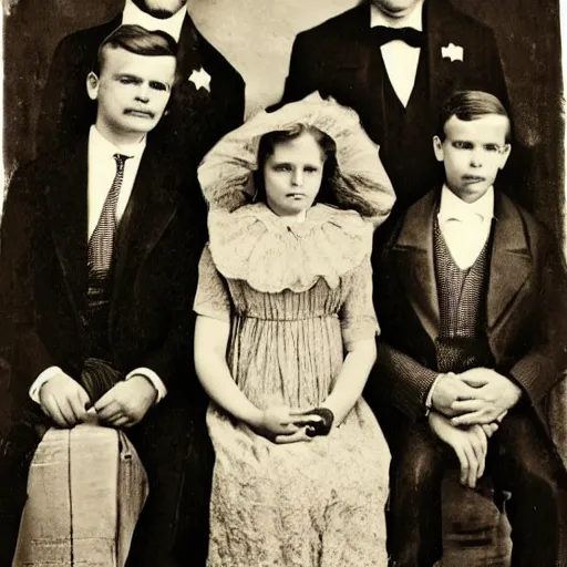 Image similar to Donald Trump and his family as a old west family portrait, sepia