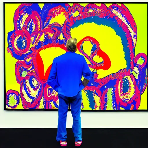 Image similar to a man standing in front of a giant painting, a pop art painting by peter max, behance contest winner, psychedelic art, psychedelic, poster art, made of flowers