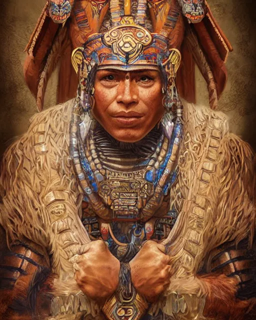 Prompt: digital painting of a mayan warrior by filipe pagliuso and justin gerard, symmetric, fantasy, highly detailed, realistic, intricate, portrait, sharp focus, tarot card