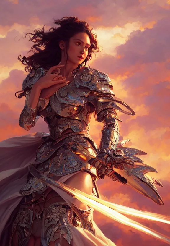 Prompt: A beautiful fierce angel wearing metal battle armor and a flaming sword, among heavenly sunlit clouds, close-up, intricate, elegant, digital painting, golden hour, cinematic, trending on artstation, concept art, smooth, sharp focus, illustration, art by artgerm and Greg Rutkowski and Alphonse Mucha