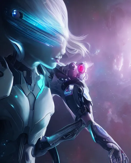 Image similar to perfect android girl on a mothership, warframe armor, beautiful face, scifi, futuristic, galaxy, nebula, raytracing, dreamy, long white hair, blue cyborg eyes, sharp focus, cinematic lighting, highly detailed, artstation, divine, by gauthier leblanc, kazuya takahashi, huifeng huang