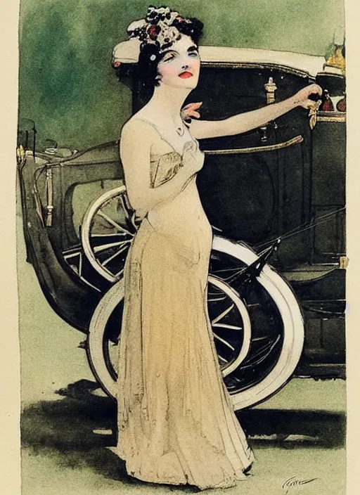 Image similar to Louis Icart, an old colored drawing of a woman posing in front of a 1920's car by Louis Icart, highly detailed, masterpiece