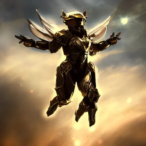 Image similar to full body picture of armored valkyrie descending from clouds, renaissance halo, gold lighting, cinematic, art, elegant, powerful, digital painting, sharp details