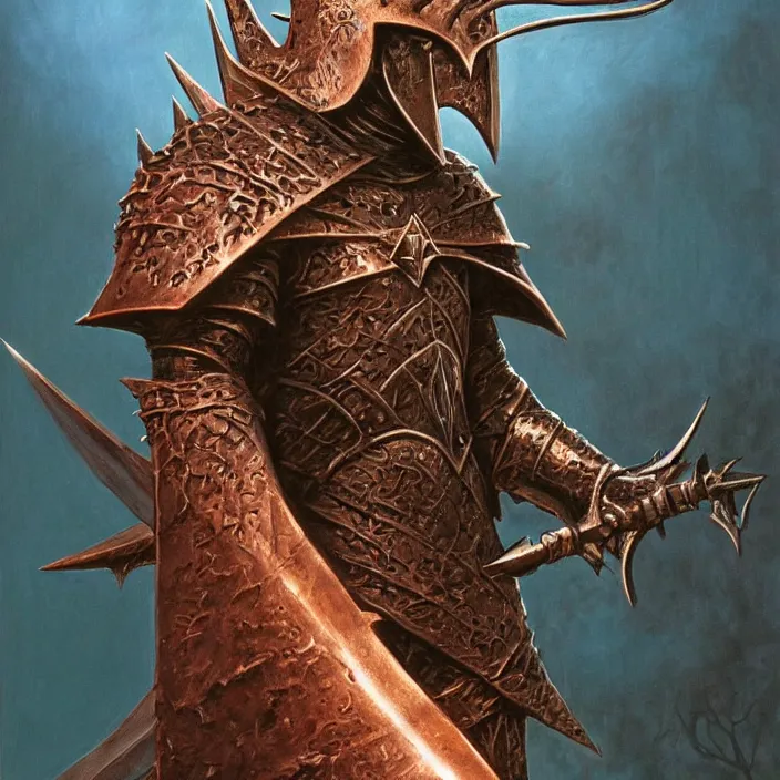 Prompt: the witch king of angmar in copper armor, by michael whelan, front profile, fantasy art