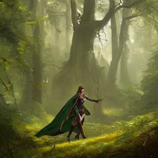 Image similar to an woman with a green cape and hunter bow wearing iron armor in the middle of an forest, Matte painting , detailed painting, greg rutkowski