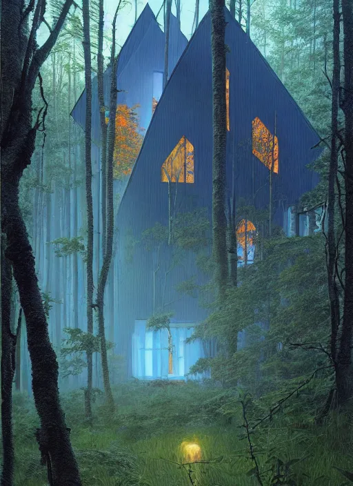 Image similar to hyper realistic witchy modern house with mood lighting and tech in the woods gorgeous lighting, blue sky, highly detailed, lush forest foliage painting by zdzisław beksinski and norman rockwell and greg rutkowski weta studio, and lucasfilm