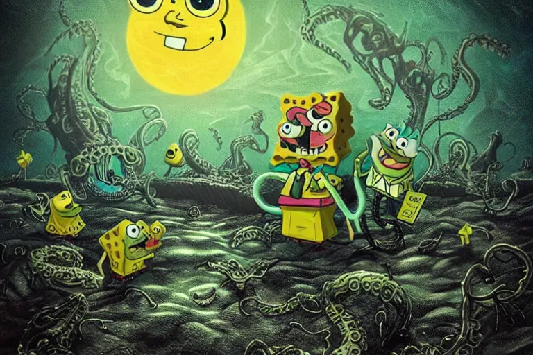 Image similar to Spongebob Cthulhu nightmare, photorealistic, high detail, movie poster, moon surface, silhouetted, lunar horizon