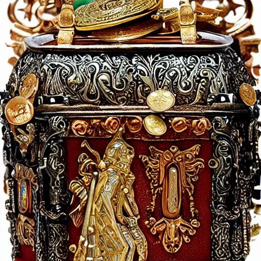 Image similar to Ornate Embellished Casket with Ancient Mummy King rising out Treasure Jewels Coins Fantasy Art