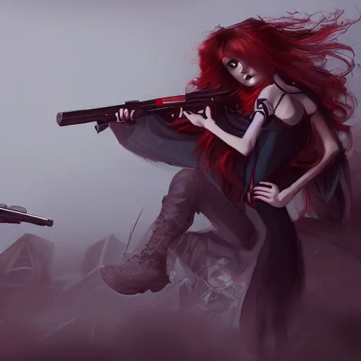 Image similar to a concept art of a boy and a girl with red hair holding a gun, gothic clothes, action shot, highly detailed, digital painting, artstation, concept art, smooth, sharp focus, illustration