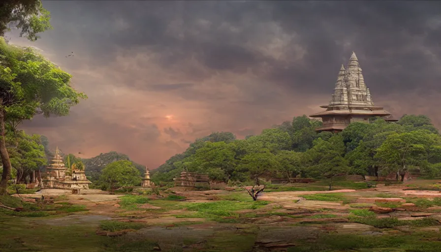 Prompt: matte painting of a beautiful dvaravati village and buddhit temple, digital art, trending on artstation