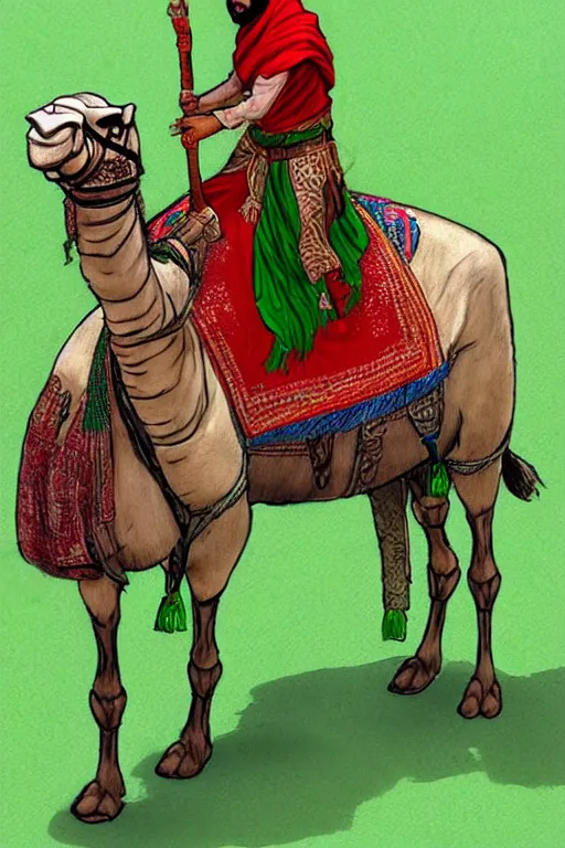 Image similar to a arabian warrior, ride camel he use green turf and flag, realistic, sketch and art by jacqueline e, colored by bo feng lin