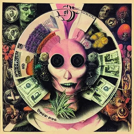 Image similar to post - punk new age album cover, asymmetrical design, dollar bank notes, capitalism, magic, apocalypse, psychedelic, black white pink, magic, giger h. r., giuseppe arcimboldo