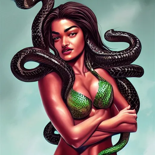 Image similar to Shanina Shaik as Medusa, snakes for hair, highly detailed, digital painting, artstation, concept art, smooth, sharp focus, illustration, art by Chris Achilleos and artgerm, in the style of Medusa (1988) by Chris Achilleos.