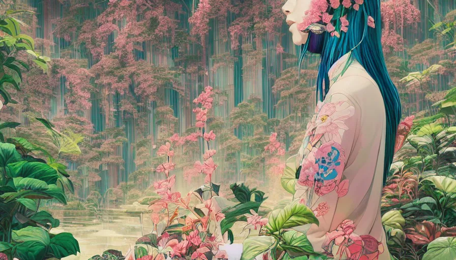 Image similar to a digital painting of a woman in the distance wearing gucci exploring a magical japanese temple, lush plants and flowers, eco - cyberpunk art by james jean, cgsociety, retrofuturism, anime aesthetic, chromatic, iridescent, uhd