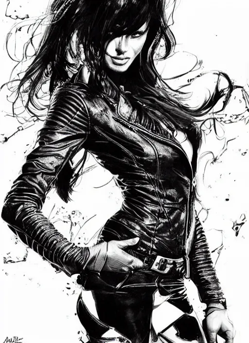 Image similar to a black haired woman in a leather jacket, muscular upper body, abs, d & d, fantasy, intricate, elegant, highly detailed, digital painting, artstation, concept art, smooth, sharp focus, illustration, art by mike deodato