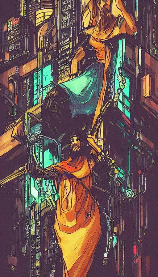 Image similar to a tarot card of the hermit, cyberpunk themed art, concept art