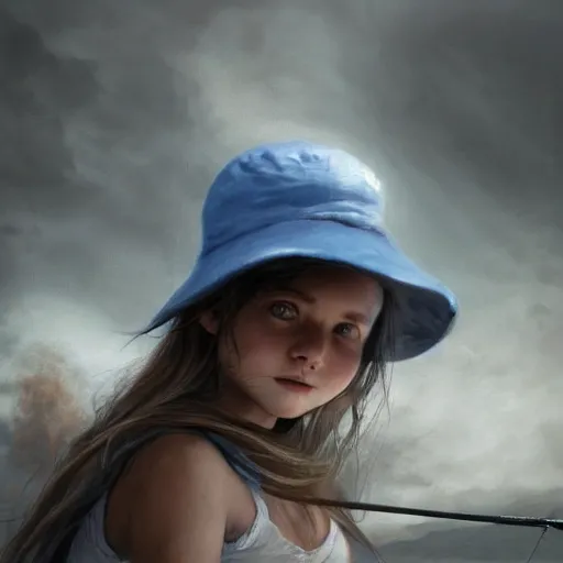 Prompt: candid photo of little girl burning in hell wearing a blue and white fishing hat by Greg Rutkowski, Photorealistic, extremely detailed, UHD, correct face, real hellscape in background, hyperrealistic