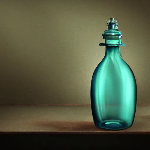 Prompt: a painting of a steampunk mechanical vintage aquamarine colored potion bottle on counter, by h. r. giger, hyperrealistic fantasy art, concept matte, ethereal, dreamy, digital art, trending on artstation, volumetric cinematic lighting