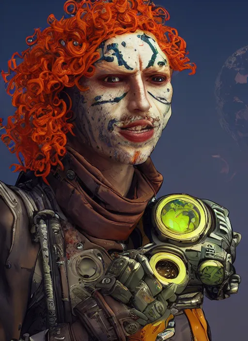 Image similar to lunarpunk portrait of curly orange hair man from borderlands 3, au naturel, hyper detailed, digital art, trending in artstation, cinematic lighting, studio quality, smooth render, unreal engine 5 rendered, octane rendered, art style by klimt and nixeu and ian sprigger and wlop and krenz cushart.