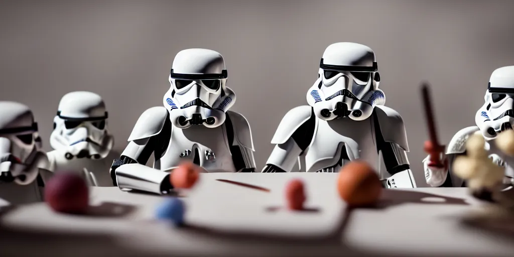 Prompt: closeup portrait of tin toy stormtroopers fighting on white paper table in an artist workshop, depth of field, zeiss lens, detailed, centered, fashion photoshoot, by nicoletta ceccoli, mark ryden, lostfish, breathtaking, 8 k resolution, extremely detailed, beautiful, establishing shot, artistic, hyperrealistic, octane render