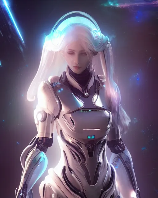 Image similar to perfect android girl on a mothership, warframe armor, beautiful face, scifi, futuristic, galaxy, nebula, raytracing, dreamy, long white hair, blue cyborg eyes, sharp focus, cinematic lighting, highly detailed, artstation, divine, by gauthier leblanc, kazuya takahashi, huifeng huang