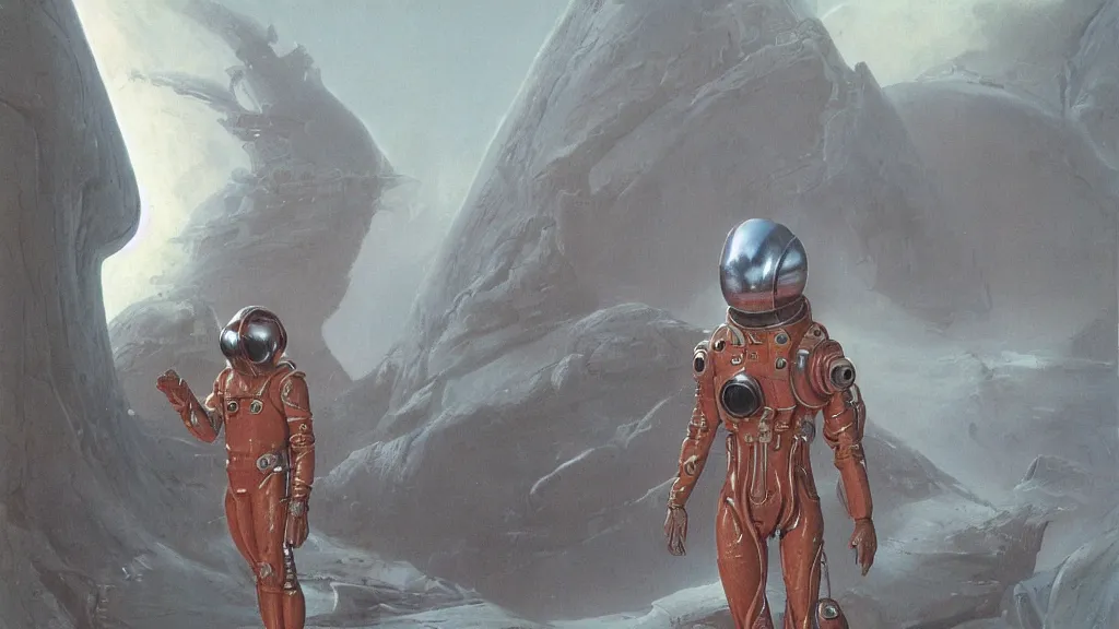 Image similar to futuristic organic spacesuit design by john schoenherr and jim burns, epic cinematic matte painting