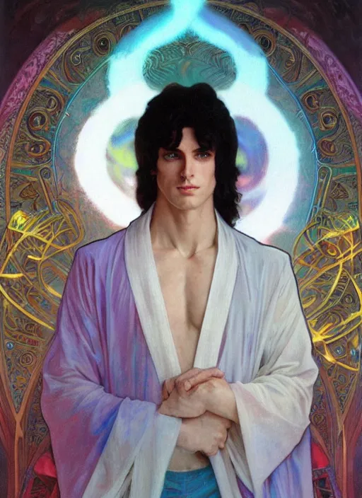 Prompt: a tall, muscular man with dark hair and pale skin. he is wearing a white royal robe. i'm the background, rainbow colors swirl around him. chromatic light. portrait painting by artgerm and greg rutkowski and alphonse mucha.