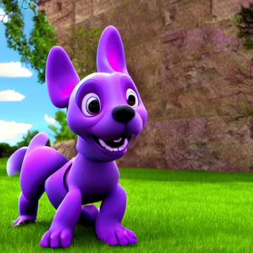 Image similar to a beautiful 3d render of a purple dog in a disney movie, in the style of disney, pixar, the dog is doing a ballet dance, highly detailed, 8k resolution