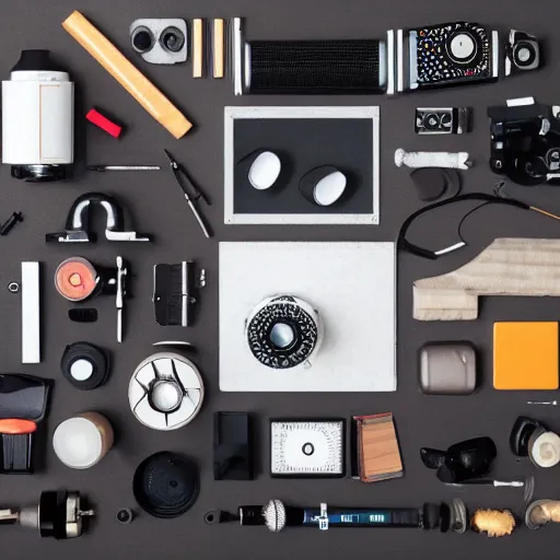 Image similar to flat lay filmmaking equipment, photorealistic, detailed, hyperreal,