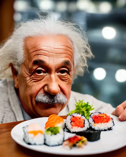 Image similar to a portrait of albert einstein sitting at the dining table with a plate containing sushi in front of him, highly detailed, trending on artstation, bokeh, 9 0 mm, f / 1. 4