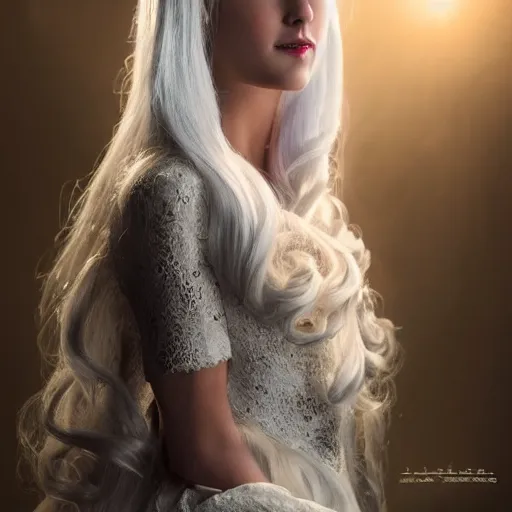 Image similar to a beautiful royal princess with long white hair, very fair, cinematic lighting scant