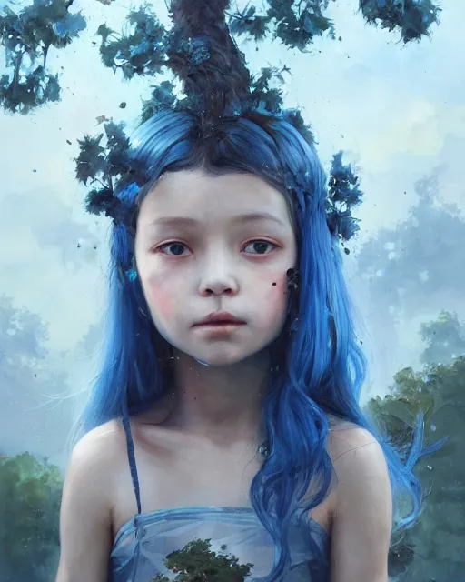 Image similar to a highly detailed oil painting of A little girl, in professional makeup, with medium length blue hair covering an eye, and a tall tree, and large obsidian crystals, cinematic lighting, dramatic atmosphere, by Dustin Nguyen, Akihiko Yoshida, Greg Tocchini, Greg Rutkowski, Cliff Chiang, 4k resolution, trending on artstation