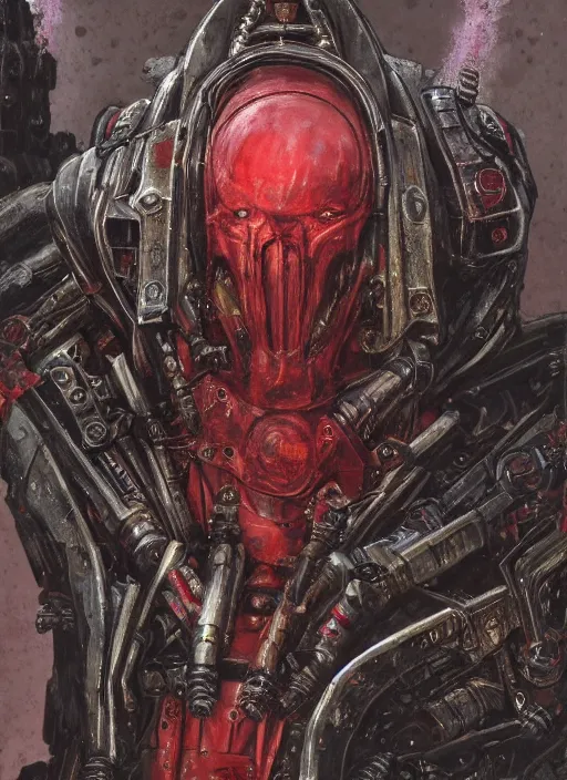 Image similar to portrait of rotten Nicolas Cage as adeptus mechanicus in red hood and robe from Warhammer 40000. Highly detailed, artstation, illustration by and John Blanche and zdislav beksinski and wayne barlowe