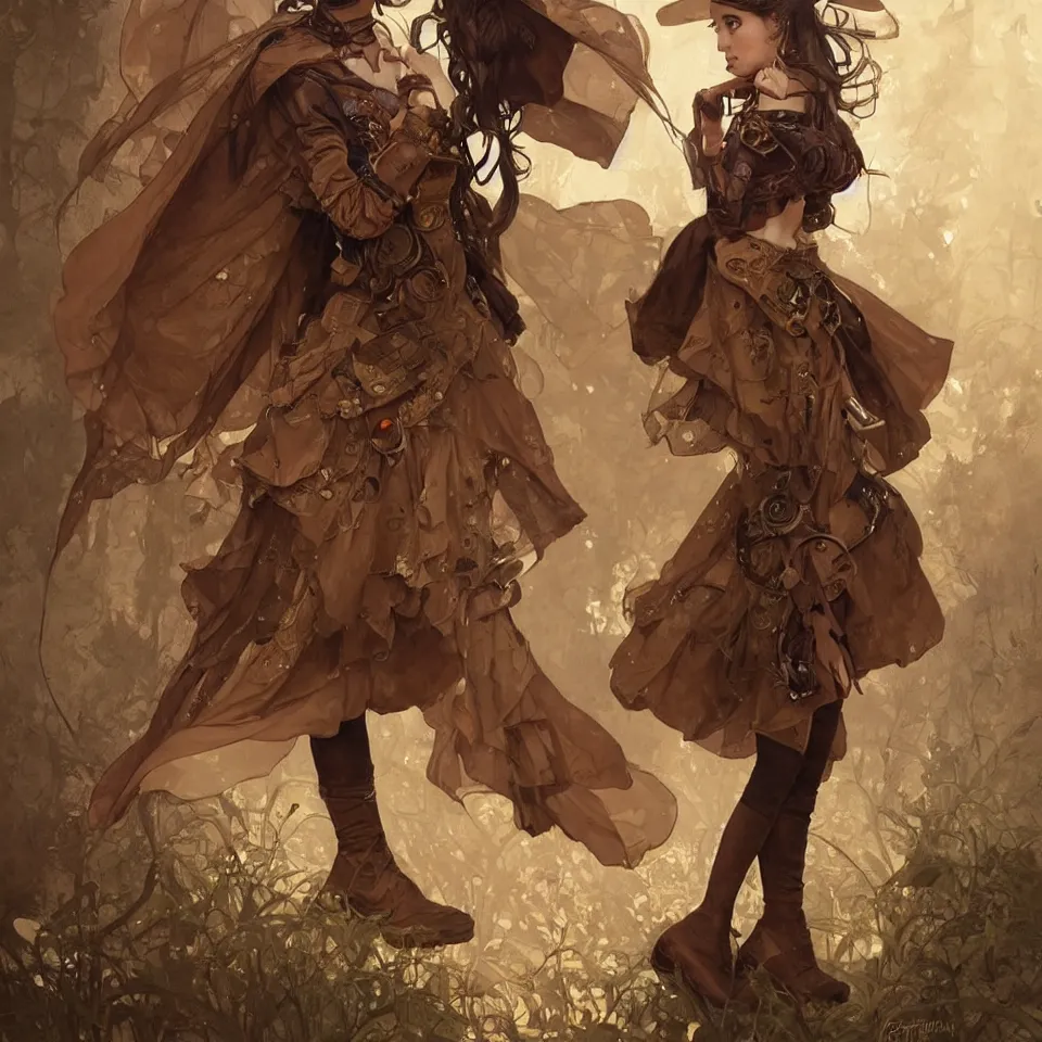 Prompt: little girl in steampunk outfit, wears brown boots, full body shot, olive skin, brown dark hair, beautiful bone structure, intricate, elegant, highly detailed, digital painting, artstation, concept art, smooth, sharp focus, illustration, art by artgerm and greg rutkowski and alphonse mucha