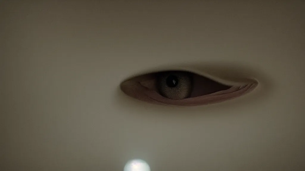 Prompt: a creature hides on the ceiling, film still from the movie directed by Denis Villeneuve with art direction by Zdzisław Beksiński, close up, telephoto lens, shallow depth of field