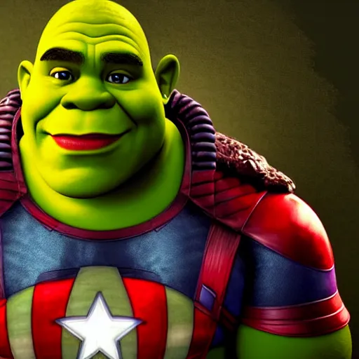 Image similar to digital painting of Shrek as Captain America, octane render, volumetric lightening, by marvel