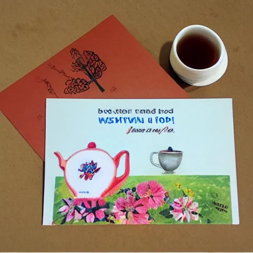 Image similar to postcard with cup of tea, flowers and wishes of an excellent day