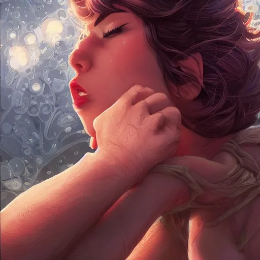 Prompt: wide open wife mouth, close - up, defiant, pin - up, rule 3 4, light effect, hyper detailed, intricate, elegant, highly detailed, digital painting, artstation, concept art, matte, sharp focus, illustration, by dan mumford, yusuke murata, makoto shinkai, ross tran