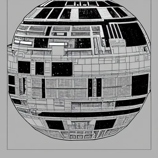 Prompt: axonometric cutaway drawing of the death star