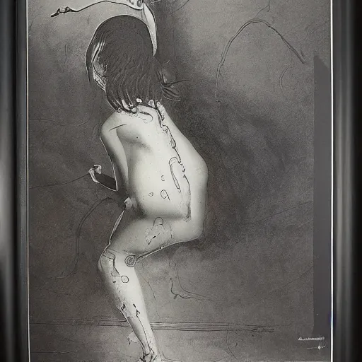 Image similar to painting by Harald Wiberg, lithography, black and white