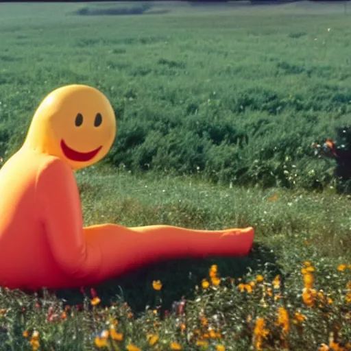 Prompt: an ample woman dressed as a squishy inflatable toy, smiley face, in a meadow, moody film still, terrence malick, 1973 technicolor