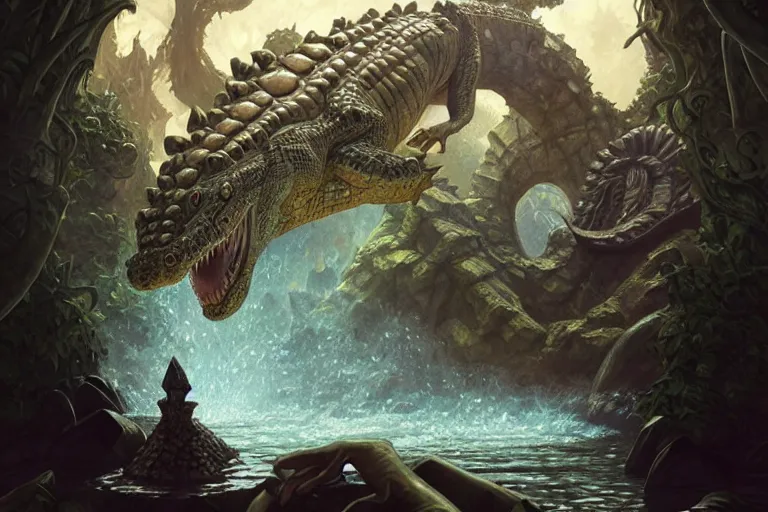 Image similar to crocodile god lair, waterfalls, menacing crocodile statues, deep focus, d & d, fantasy, intricate, elegant, highly detailed, digital painting, artstation, concept art, matte, sharp focus, illustration, hearthstone, art by artgerm and greg rutkowski and alphonse mucha