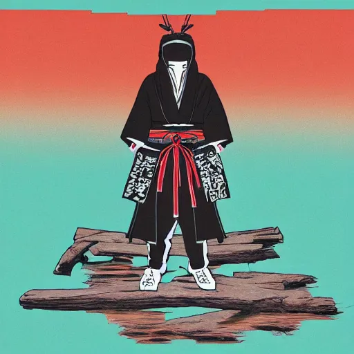 Prompt: samurai ninja random japanese words in the turquoise and black color as scarlxrd album cover