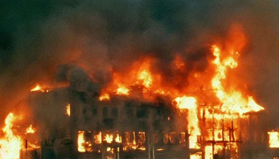 Prompt: 7 0 s movie still of chase bank burning, cinestill 8 0 0 t 3 5 mm eastmancolor, heavy grain, high quality, high detail